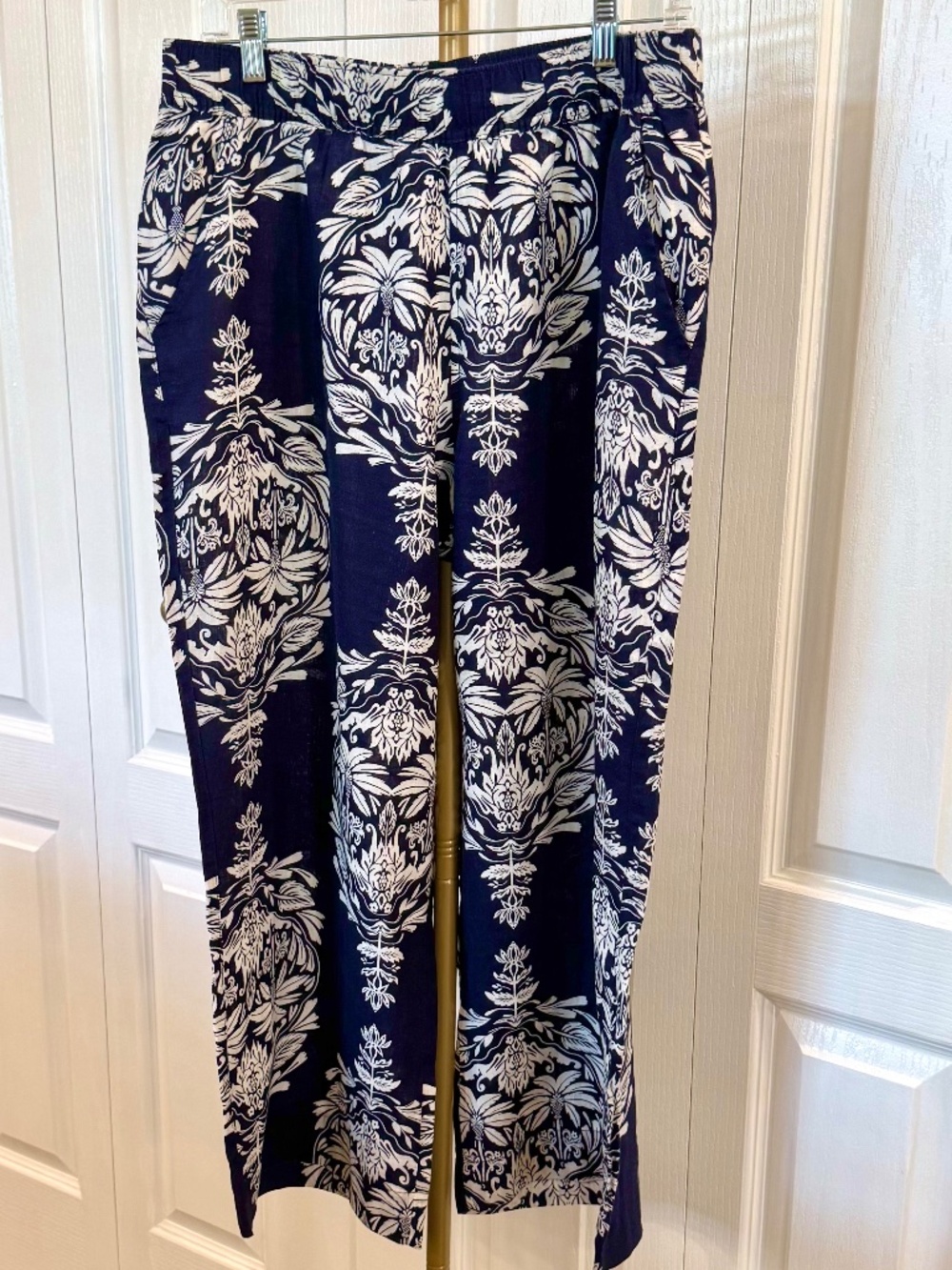 Women Size L 100% Linen Palazzo Pants by Rachel Zoe Blue & White Tropical Print